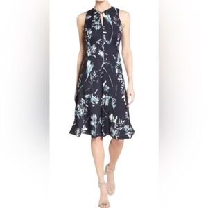 Classiques Entier Womens Navy Floral Sleeveless keyhole Silk A-line Midi dress 6